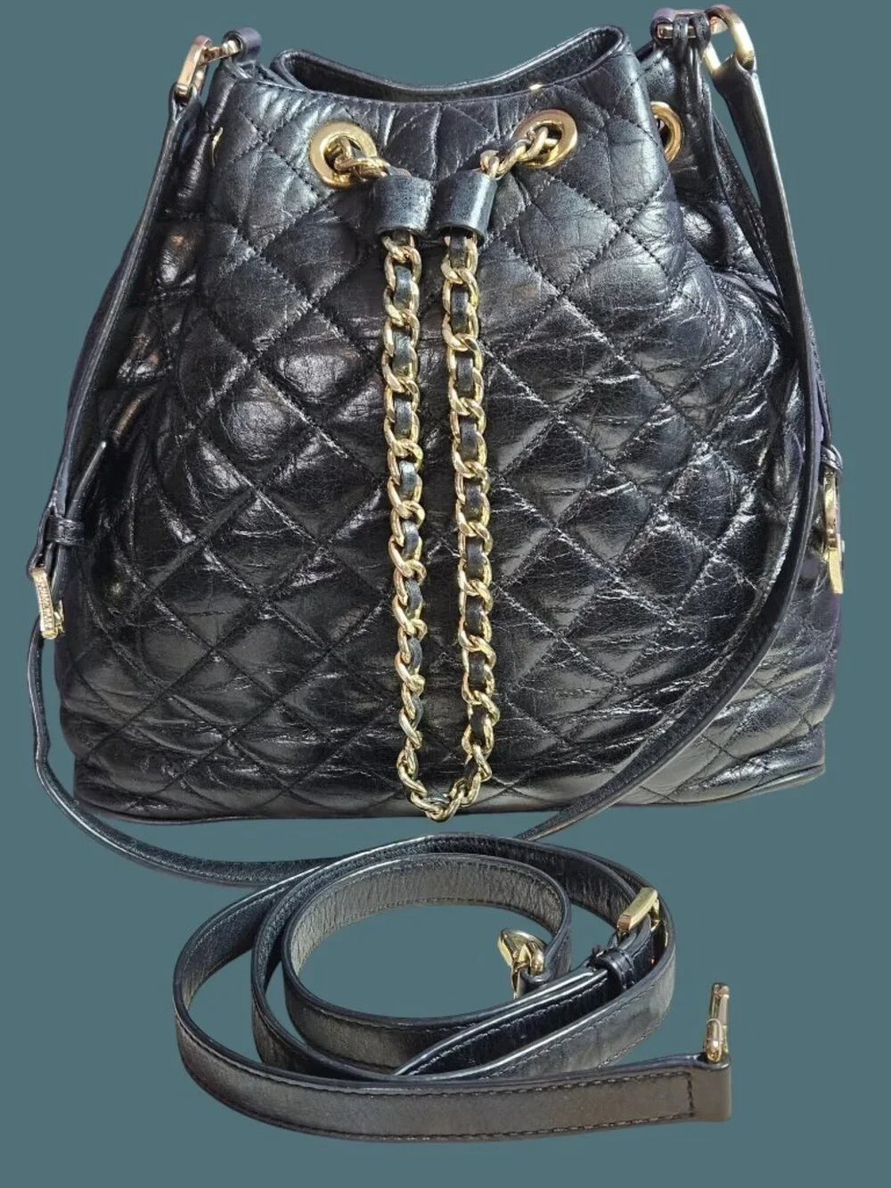 Michael Kors Frankie Black Leather Quilted Drawstring Convertible Bucket Bag